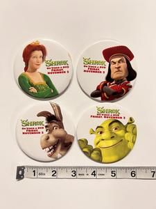 Lot Of 4 Shrek Movie Pinback Buttons Promo DreamWorks Donkey Fiona Farquaad VTG